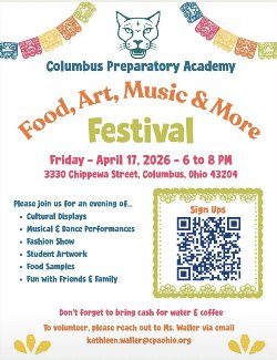 flyer with school logo and information for the Music and Arts Festival. 